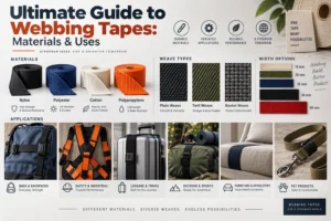 Flat-lay of webbing tape samples in various materials and weaves, labeled and arranged with application examples like backpack straps, harnesses, and luggage handles.