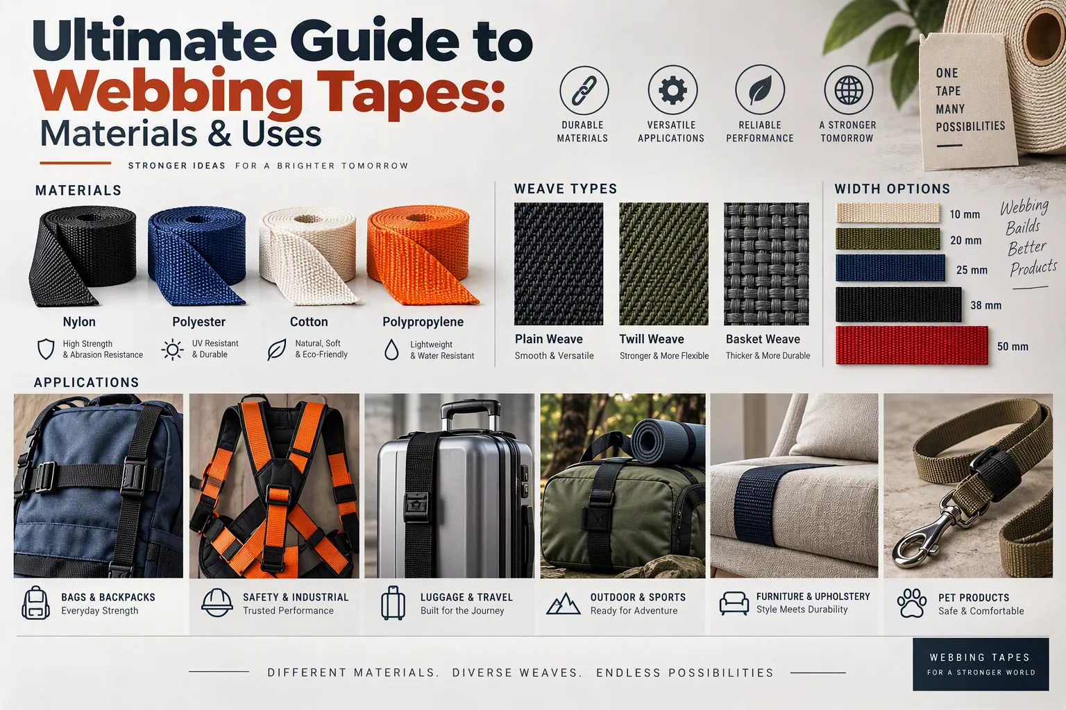 Flat-lay of webbing tape samples in various materials and weaves, labeled and arranged with application examples like backpack straps, harnesses, and luggage handles.