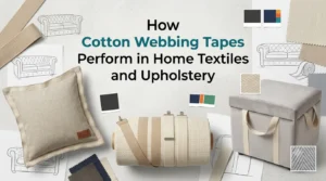 Cotton webbing tapes used in upholstery and home textiles, showing cushion ties, seam reinforcement, and decorative trim on a cozy sofa and armchair.