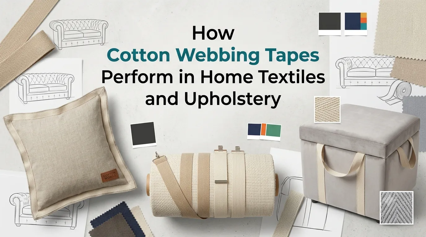Cotton webbing tapes used in upholstery and home textiles, showing cushion ties, seam reinforcement, and decorative trim on a cozy sofa and armchair.