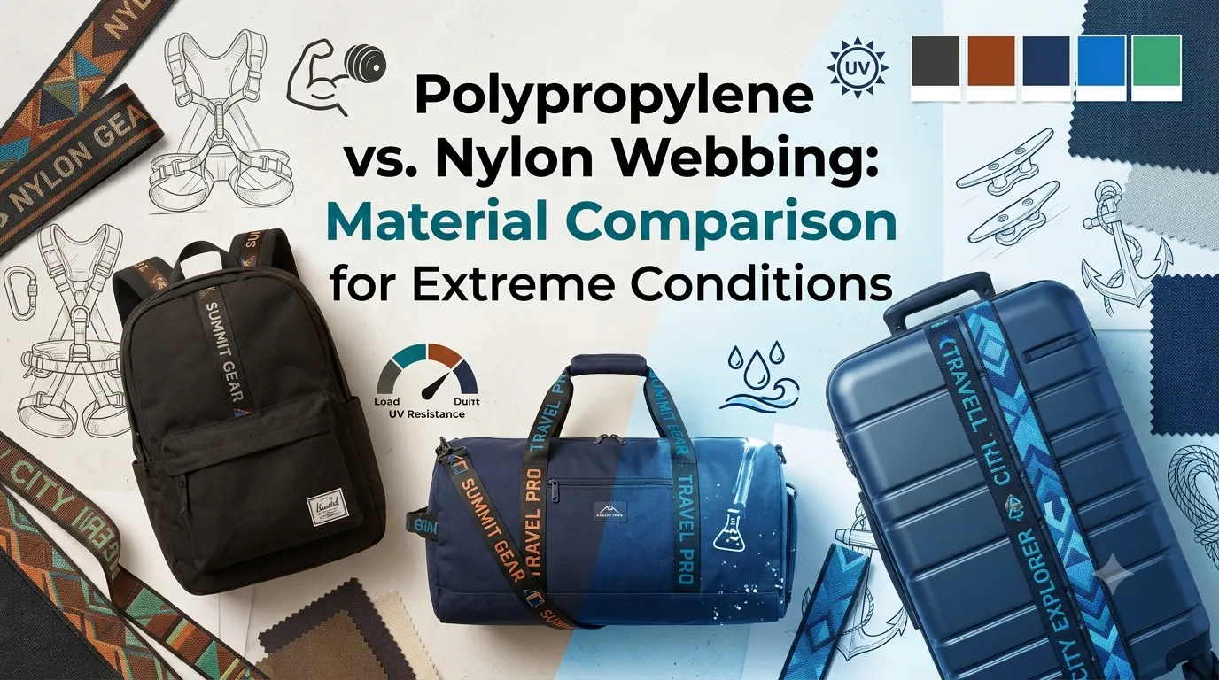 Split-scene comparison of nylon and polypropylene webbing in extreme conditions—nylon in heavy-load outdoor gear and polypropylene in wet marine and chemical environments.