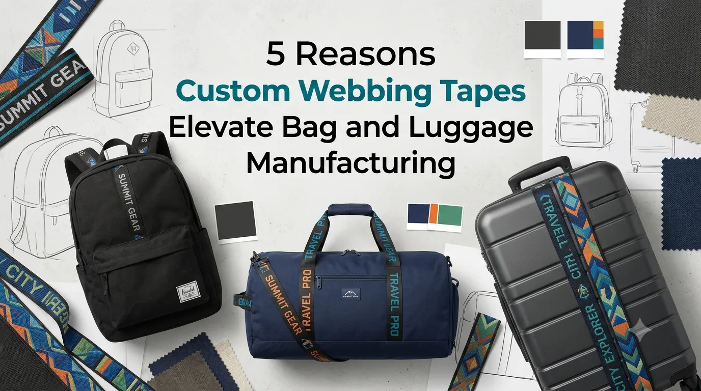 Custom webbing tapes with branded logos and patterns on premium bags and luggage, highlighting customization in bag and luggage manufacturing.