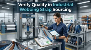 Quality-control inspector verifying industrial webbing straps with a tensile-testing machine, inspection records, and traceable production labels in a factory.