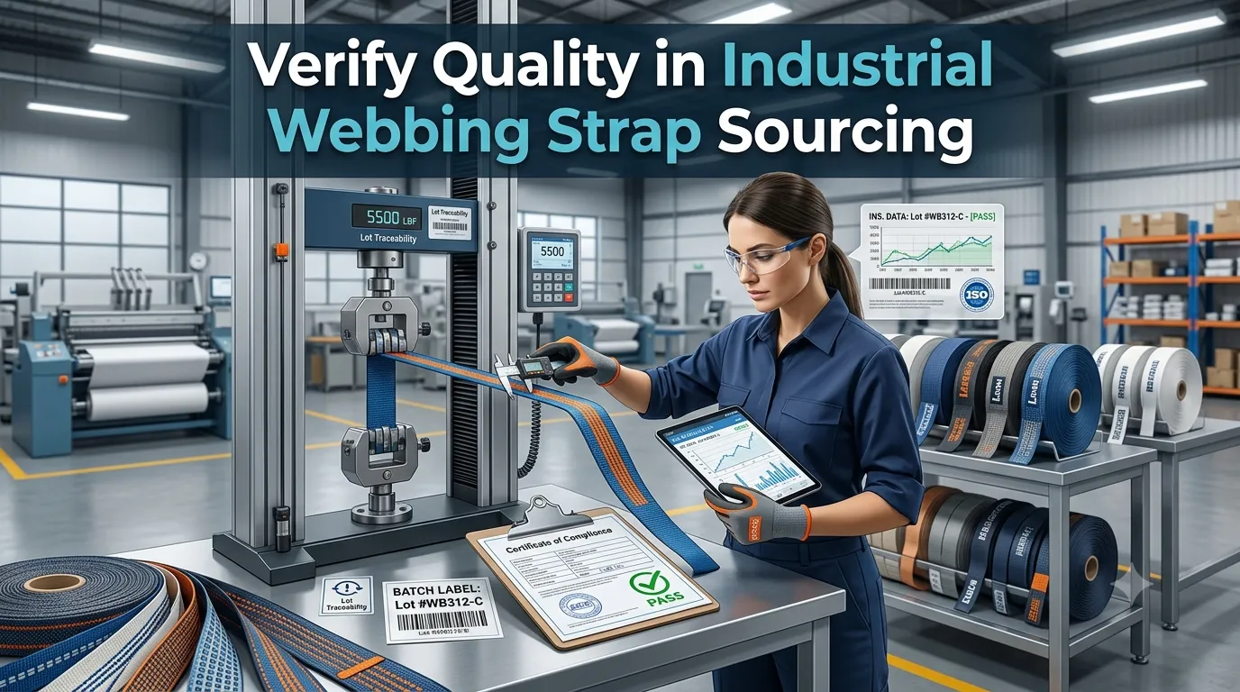 Quality-control inspector verifying industrial webbing straps with a tensile-testing machine, inspection records, and traceable production labels in a factory.